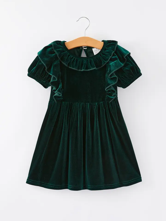 Girls velvet dress in dark green with ruffled collar and short puff sleeves