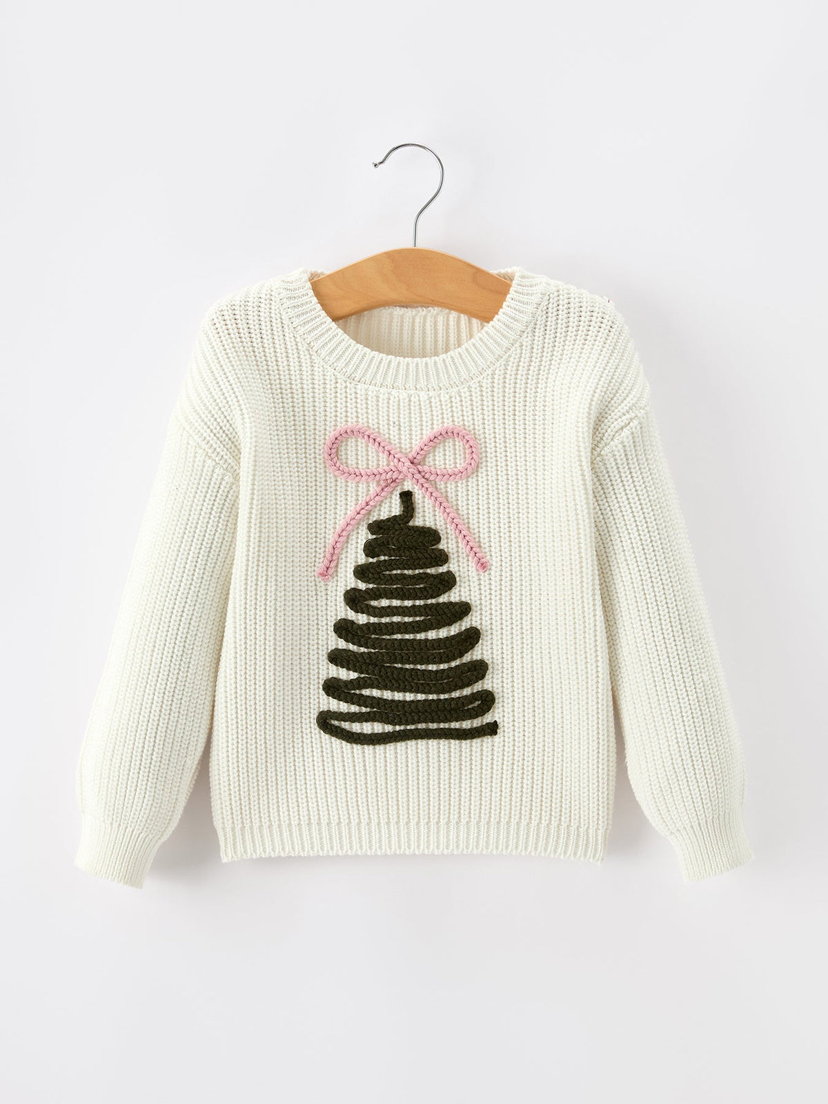 Girls cream knit pullover sweater with ribbed crew neck and pink bow Christmas graphic