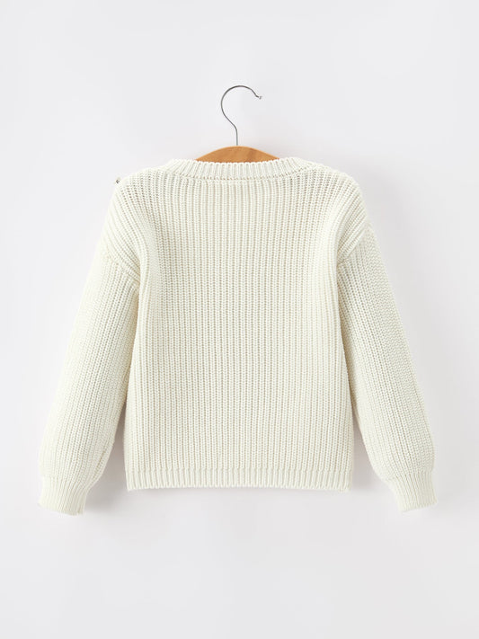Girls cream knit pullover sweater with round ribbed neckline, plain back view