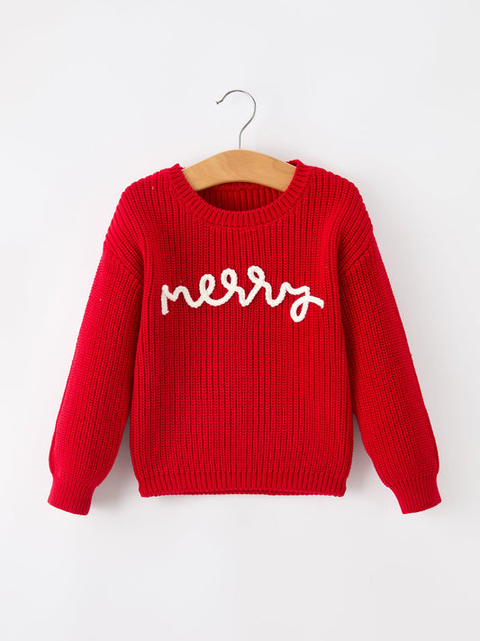 Red girls pullover sweater with white knit 'merry' lettering and ribbed crew neck