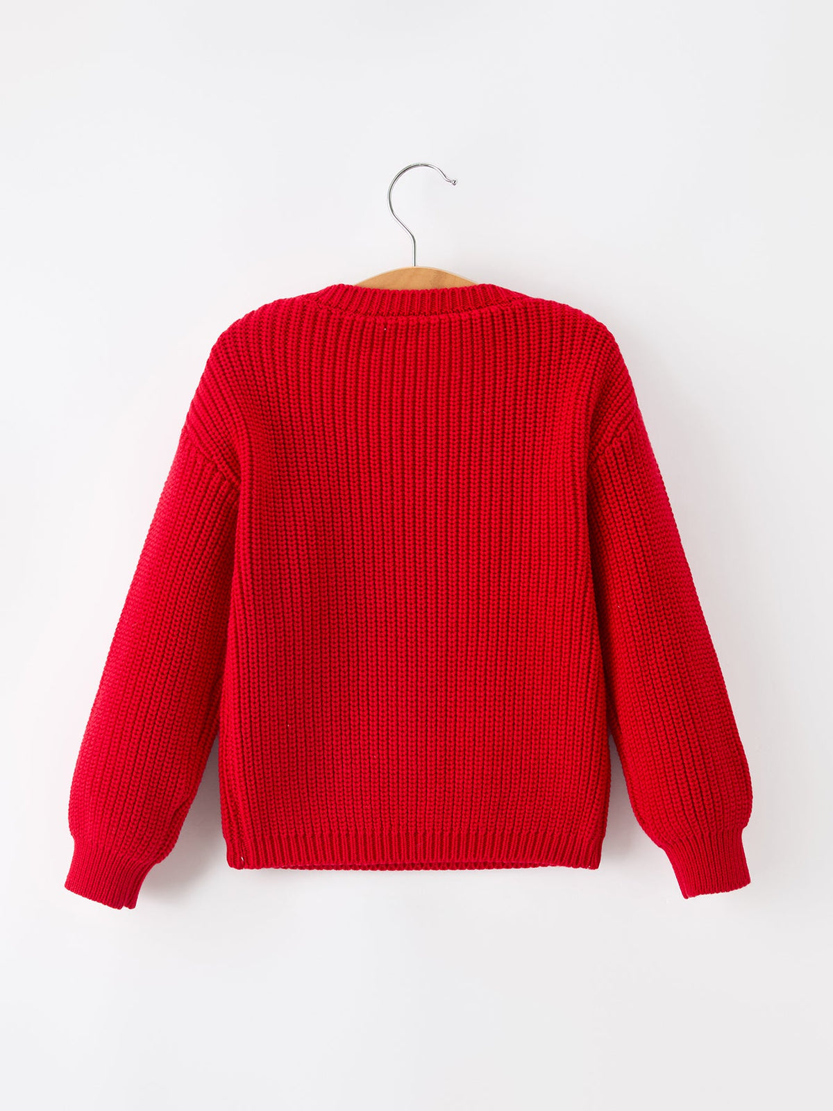 Red girls pullover sweater back view with ribbed knit texture