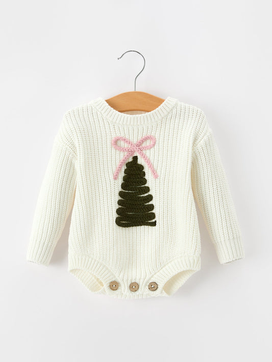 Girls cream knit romper with long sleeves, tree graphic and pink bow, button snaps