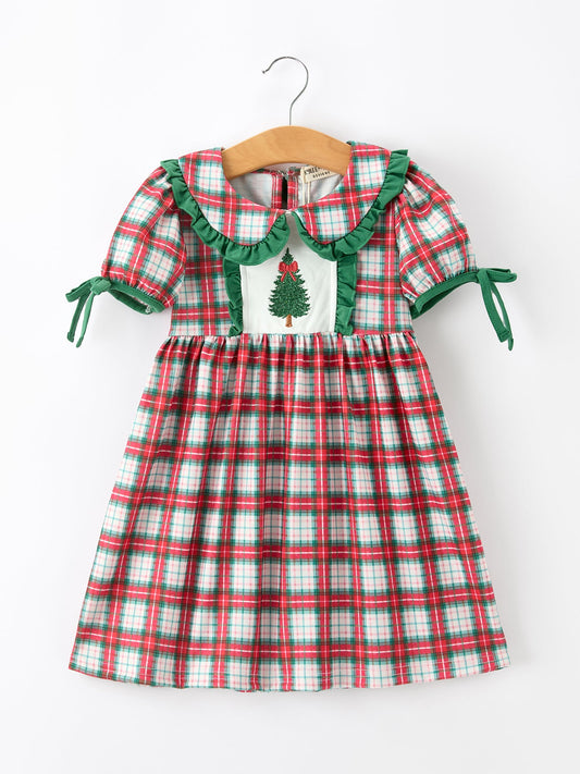 Girls plaid dress with green ruffle collar, tree patch on cream front