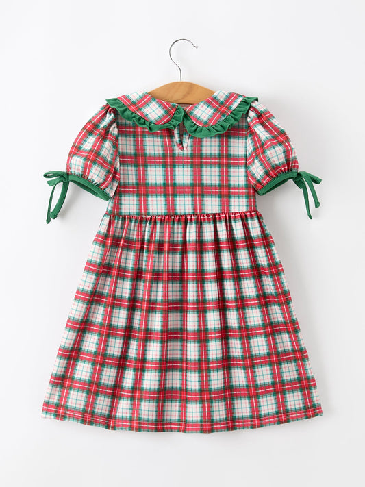 Girls plaid dress with green petal collar and tie sleeves
