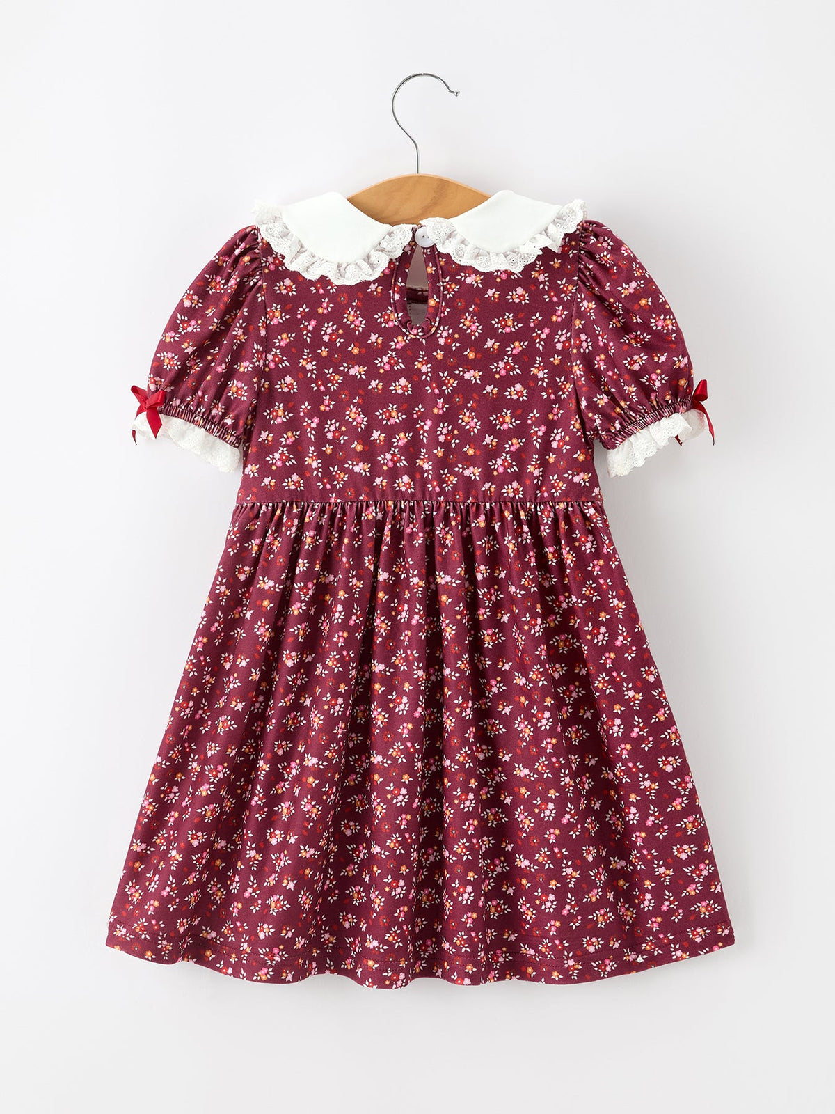 Burgundy floral girls dress, smocked waist and lace-trimmed peter pan collar