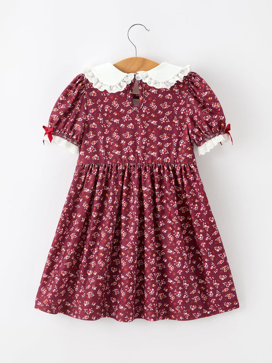 Burgundy floral girls dress, smocked waist and lace-trimmed peter pan collar