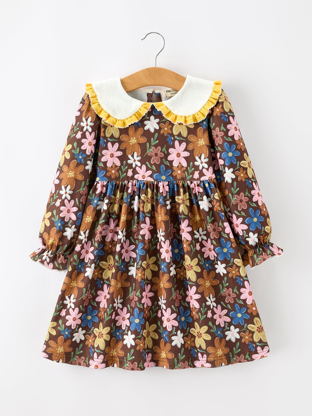 Girls twirl dress with floral print, white Peter Pan collar and long sleeves