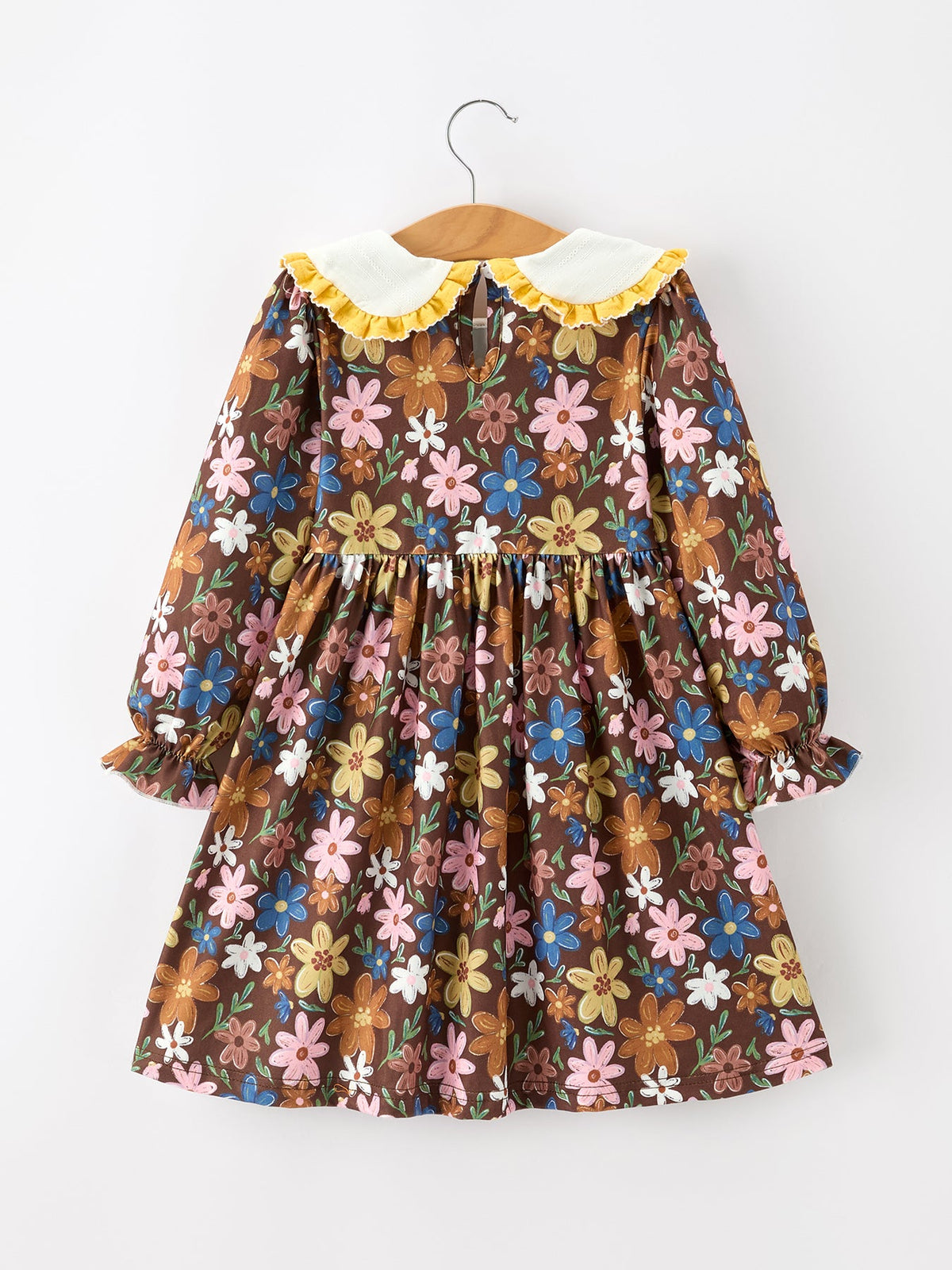 Brown floral girls dress with scalloped white Peter Pan collar, gathered twirl skirt
