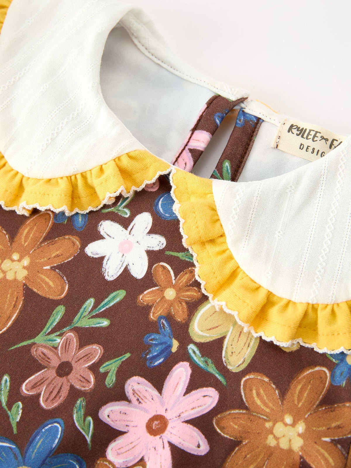 Close-up of white Peter Pan collar with yellow ruffle trim on floral dress