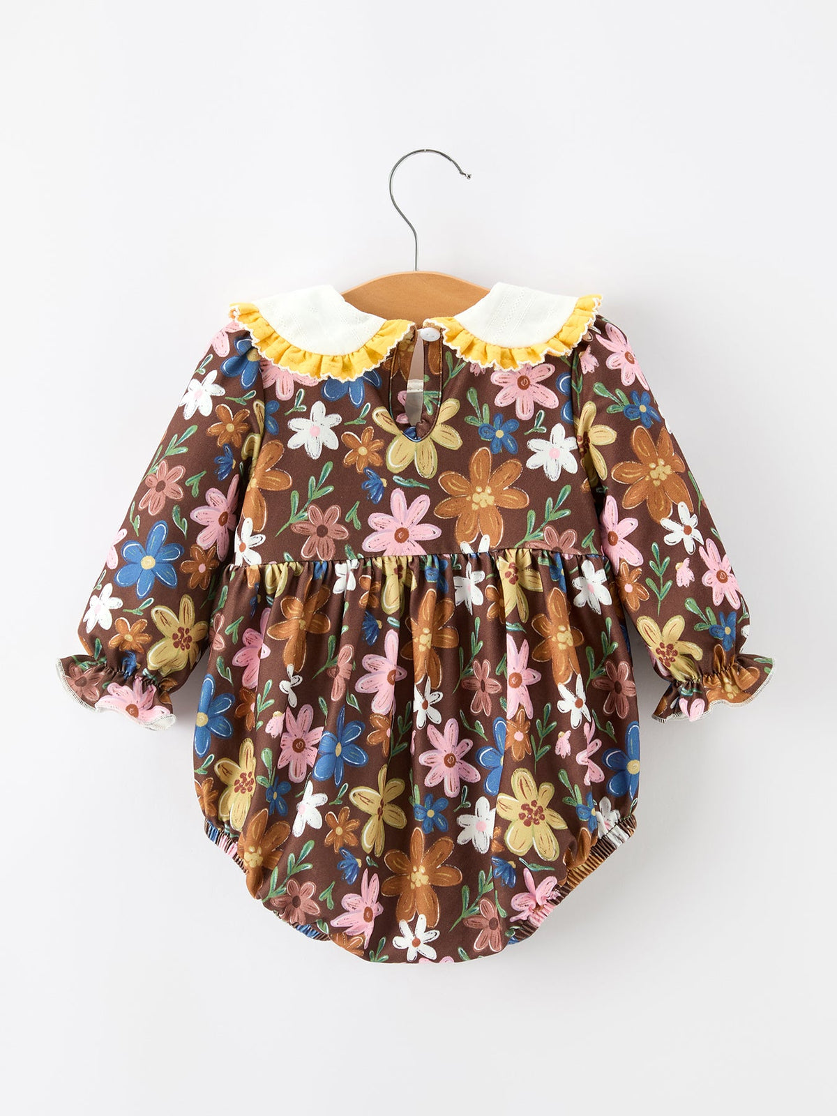 Brown floral baby bubble romper with white scalloped collar and gathered long sleeves