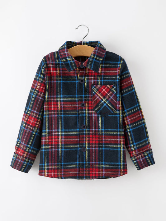 Boys long-sleeve plaid button-down shirt with red, navy, and yellow checks