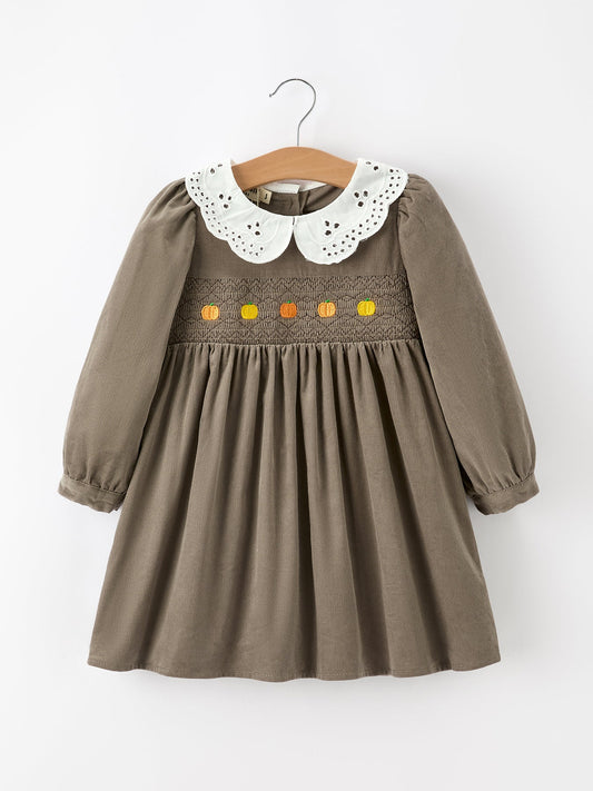 Girls corduroy dress dark olive with white eyelet collar and pumpkin embroidery