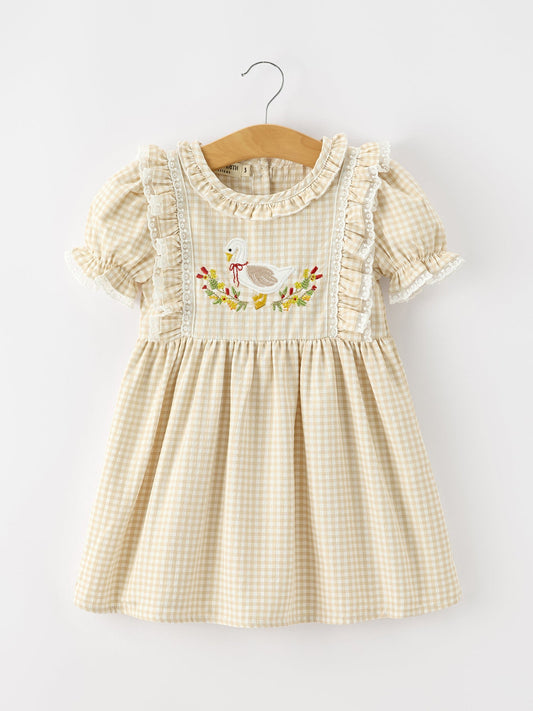 Girls beige plaid dress with ruffled sleeves and goose embroidery at chest