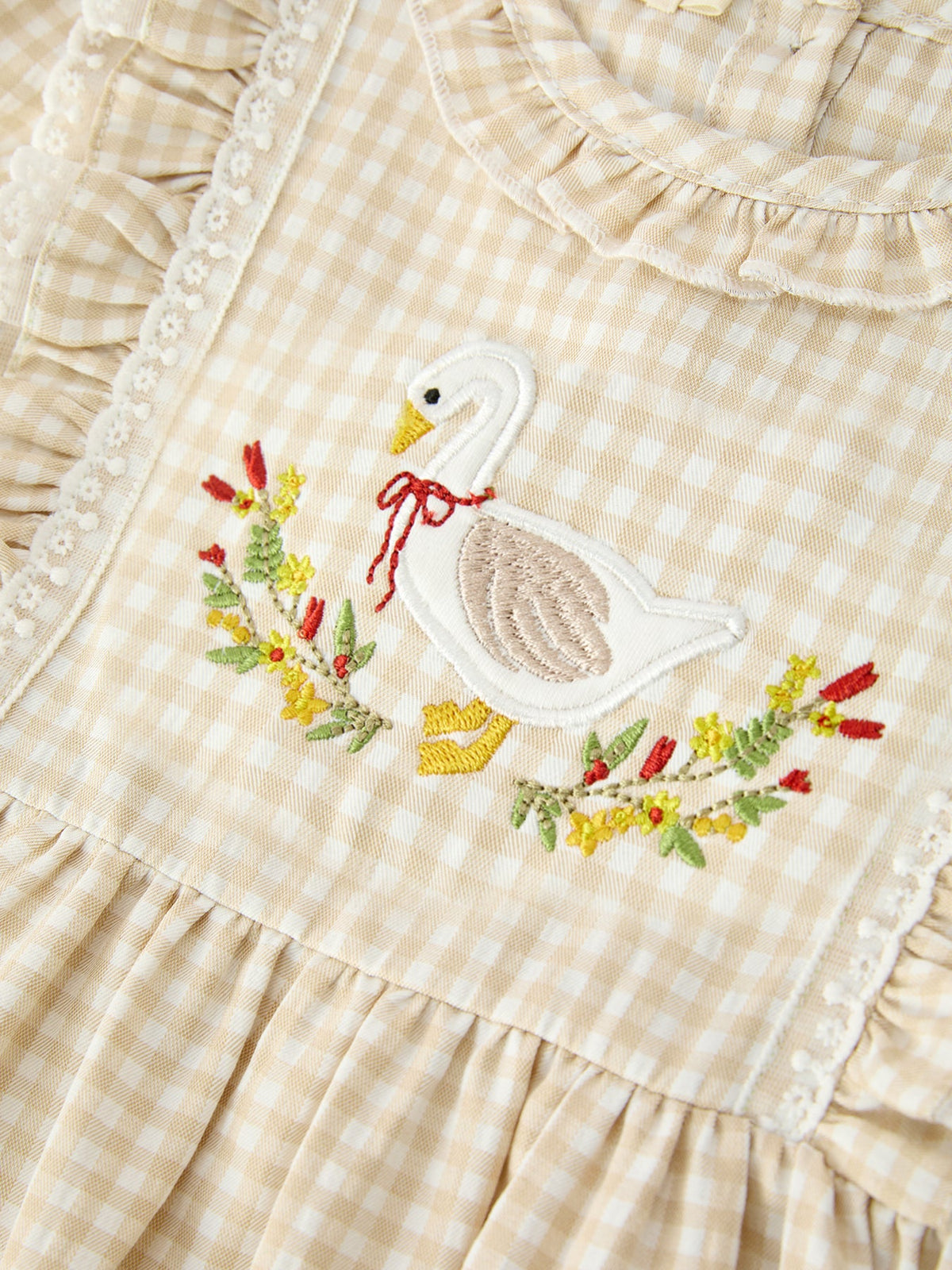 Girls beige plaid dress with colorful goose and floral embroidery