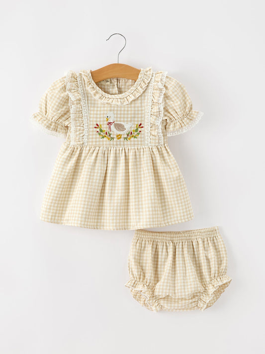 Beige plaid baby girls bloomer set with embroidered goose ruffle top and bottoms