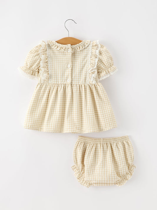 Beige plaid baby girls bloomer set, ruffle top with button placket and matching bloomer