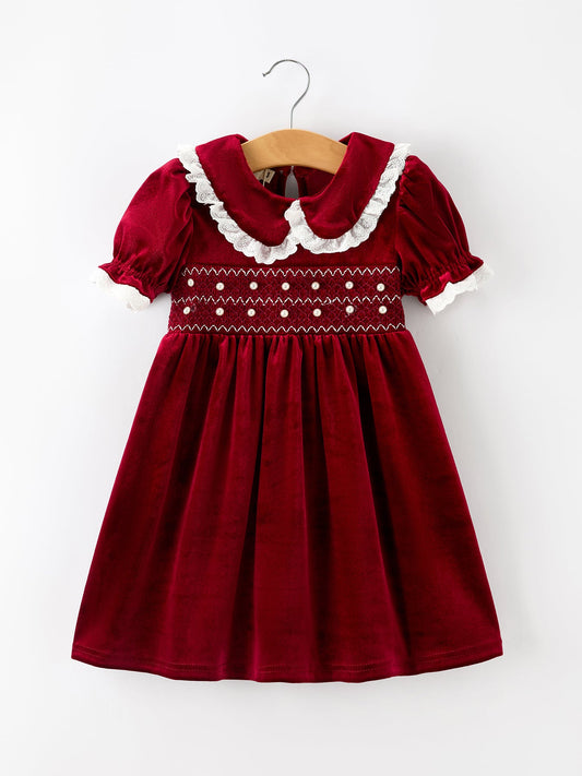 Girls velvet dress with white lace Peter Pan collar, puff sleeves, gathered skirt