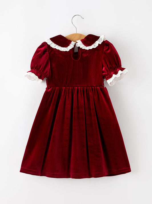 Girls velvet dress with white lace collar, short puff sleeves, gathered skirt