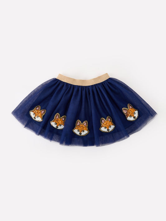 Girls navy tulle tutu skirt with sequined fox patches and gold glitter waistband
