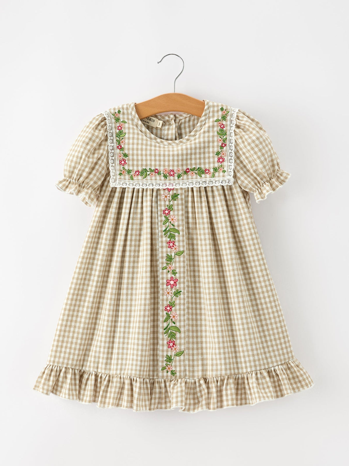 Girls gingham plaid dress with floral embroidery and lace trim, short puff sleeves