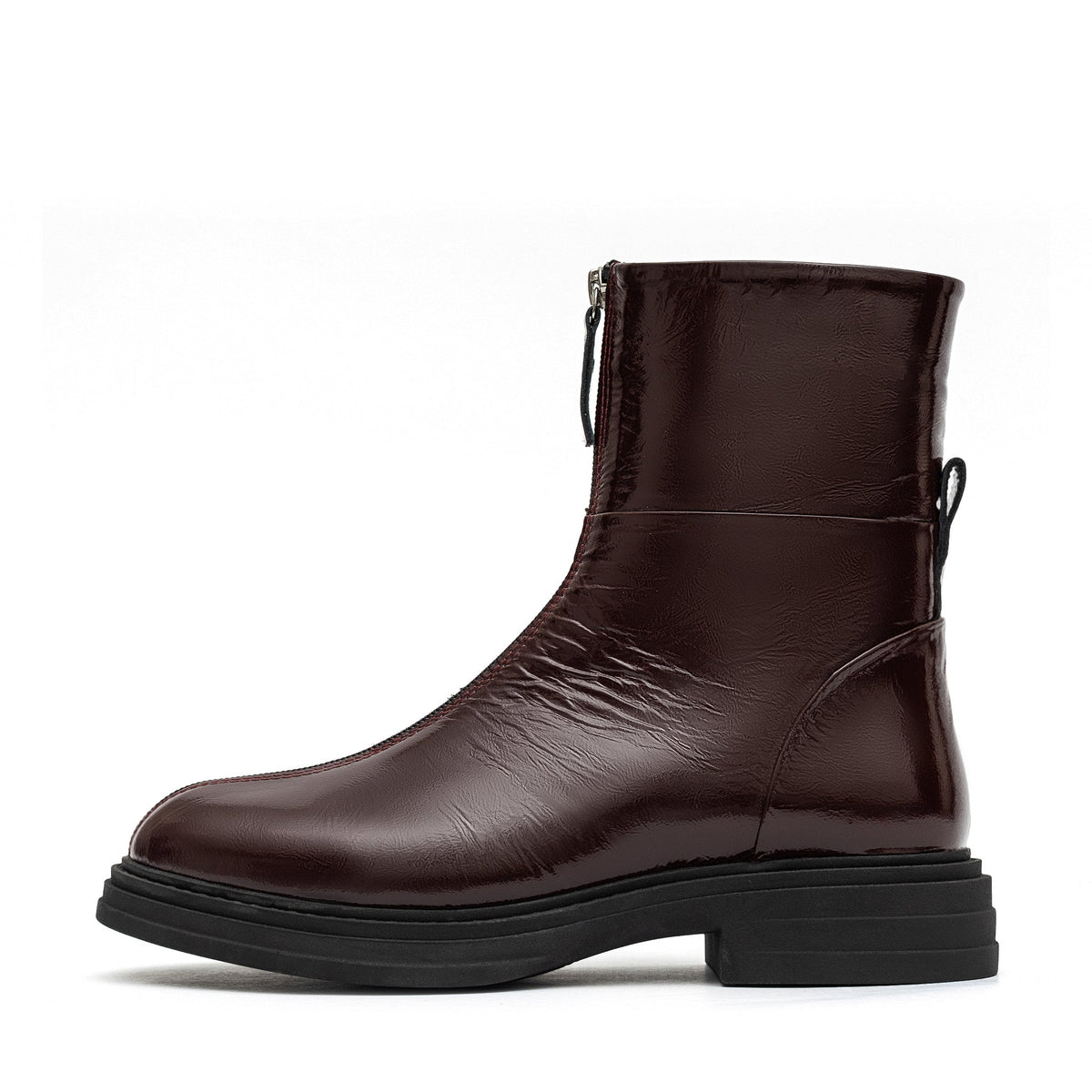 Side view of a burgundy leather ankle boot with a rear zipper and black sole