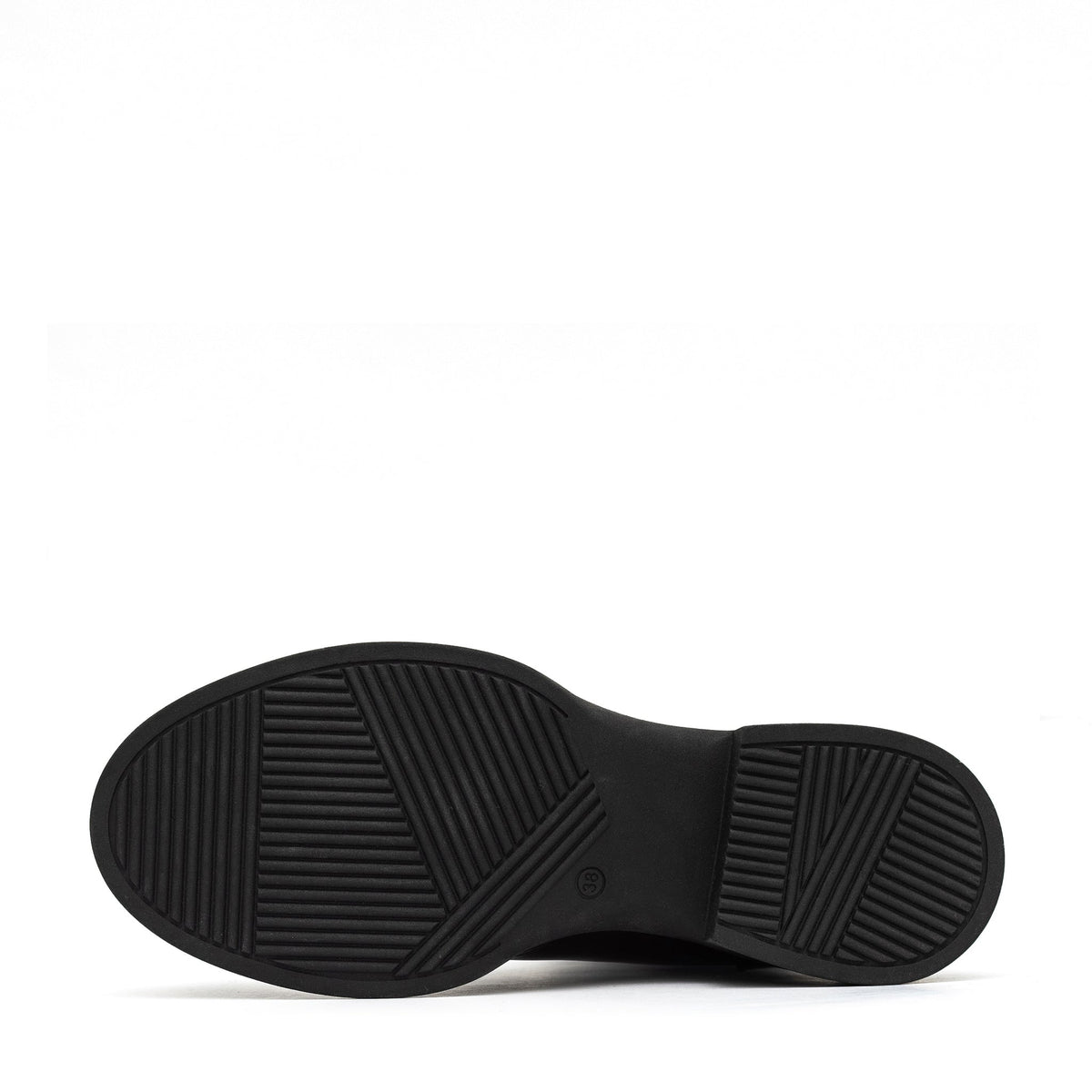 Black boot sole with ribbed tread and geometric traction pattern