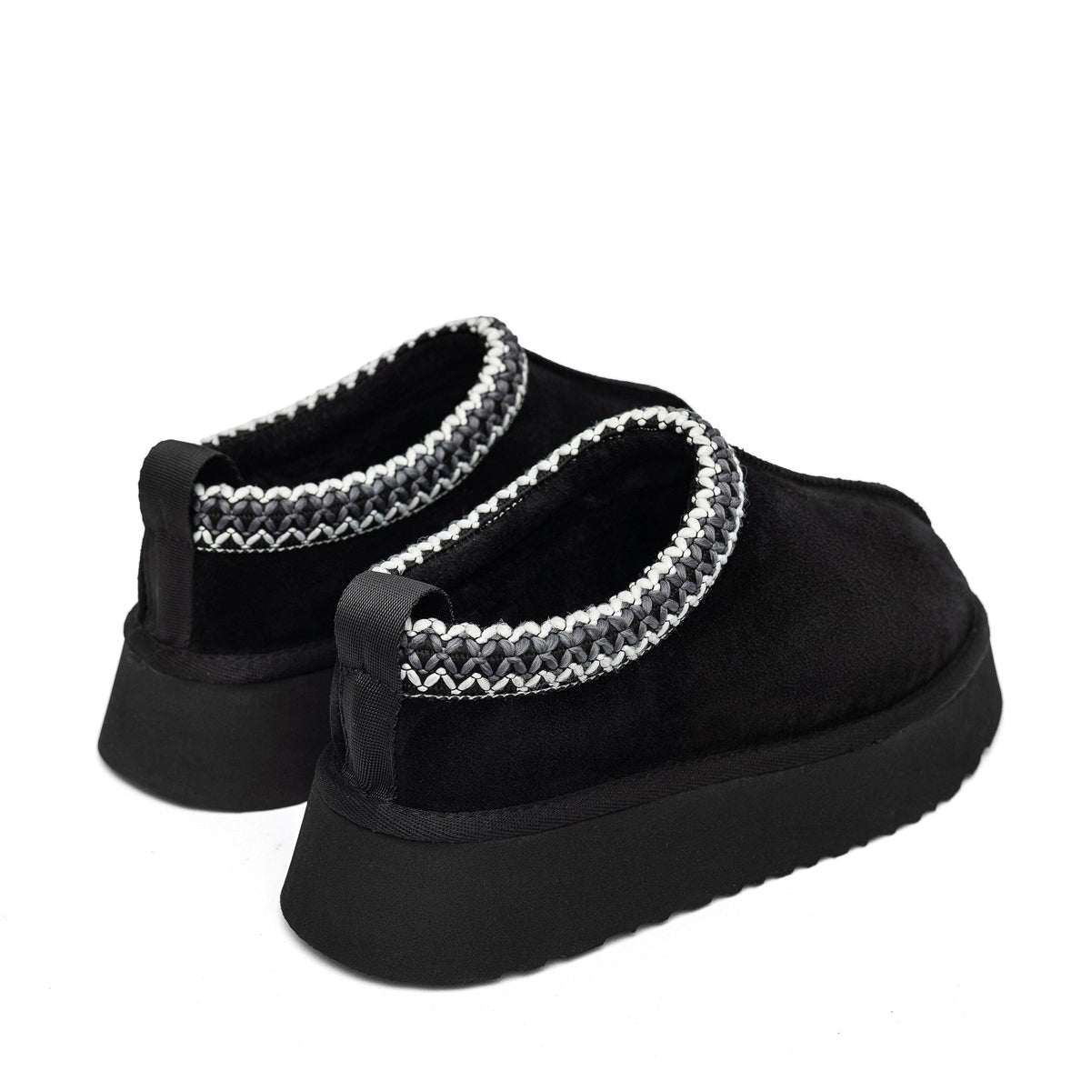 Pair of black shearling slippers viewed from the heel