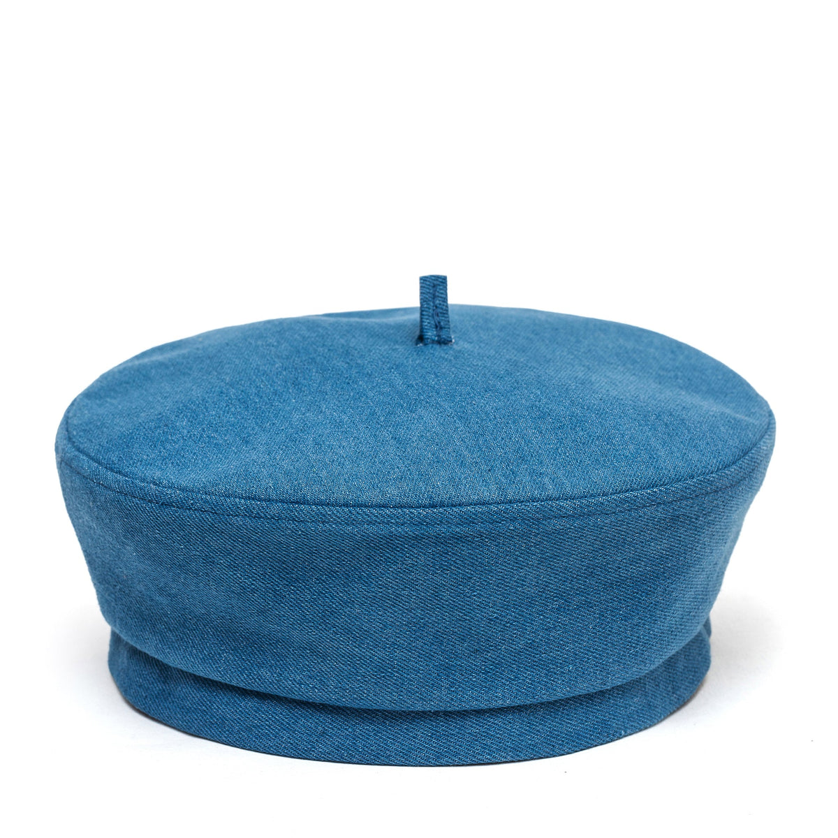 Blue Paris hat with a rounded crown, short brim, and top button.