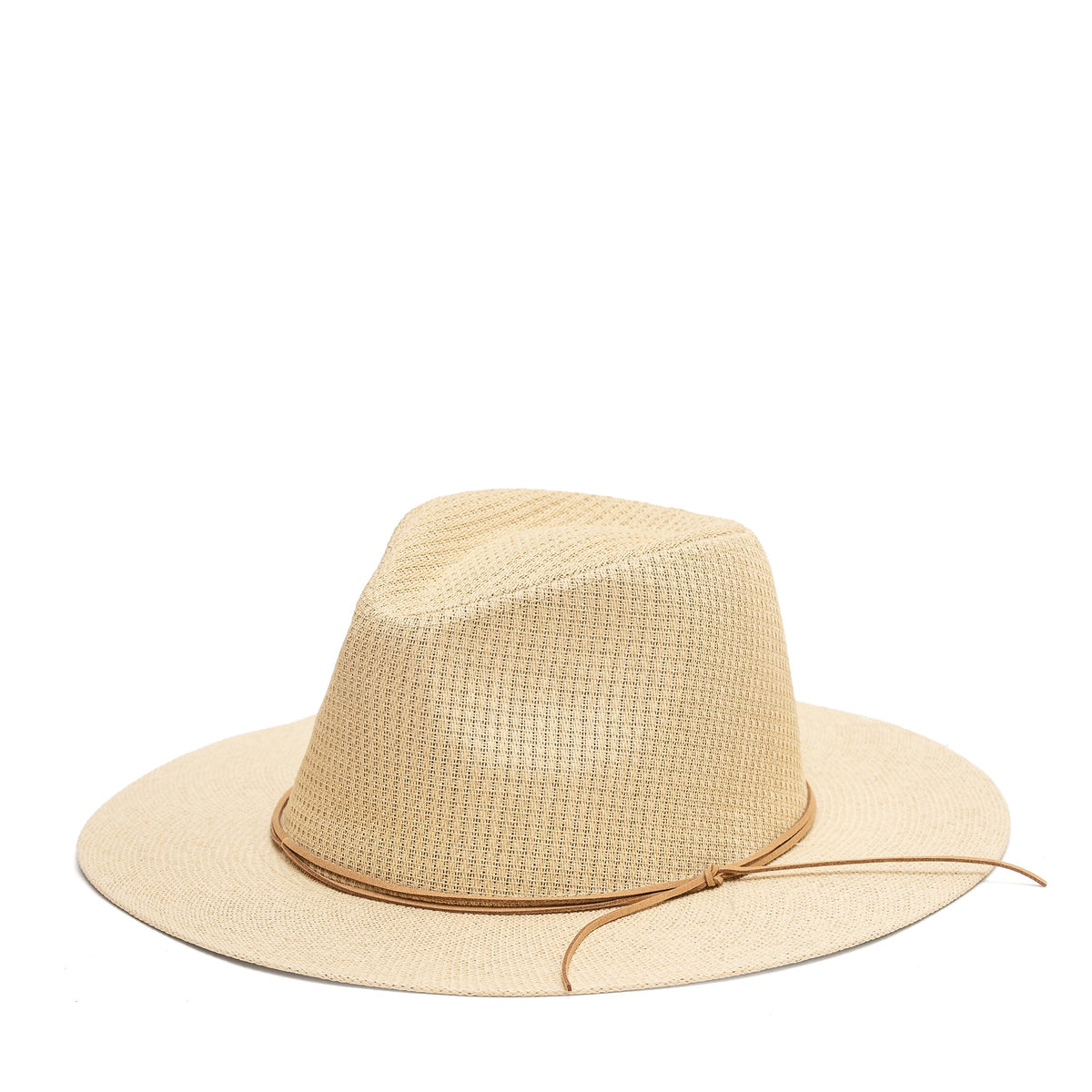 Light beige paper straw hat with a creased crown, wide brim, and double chain trim