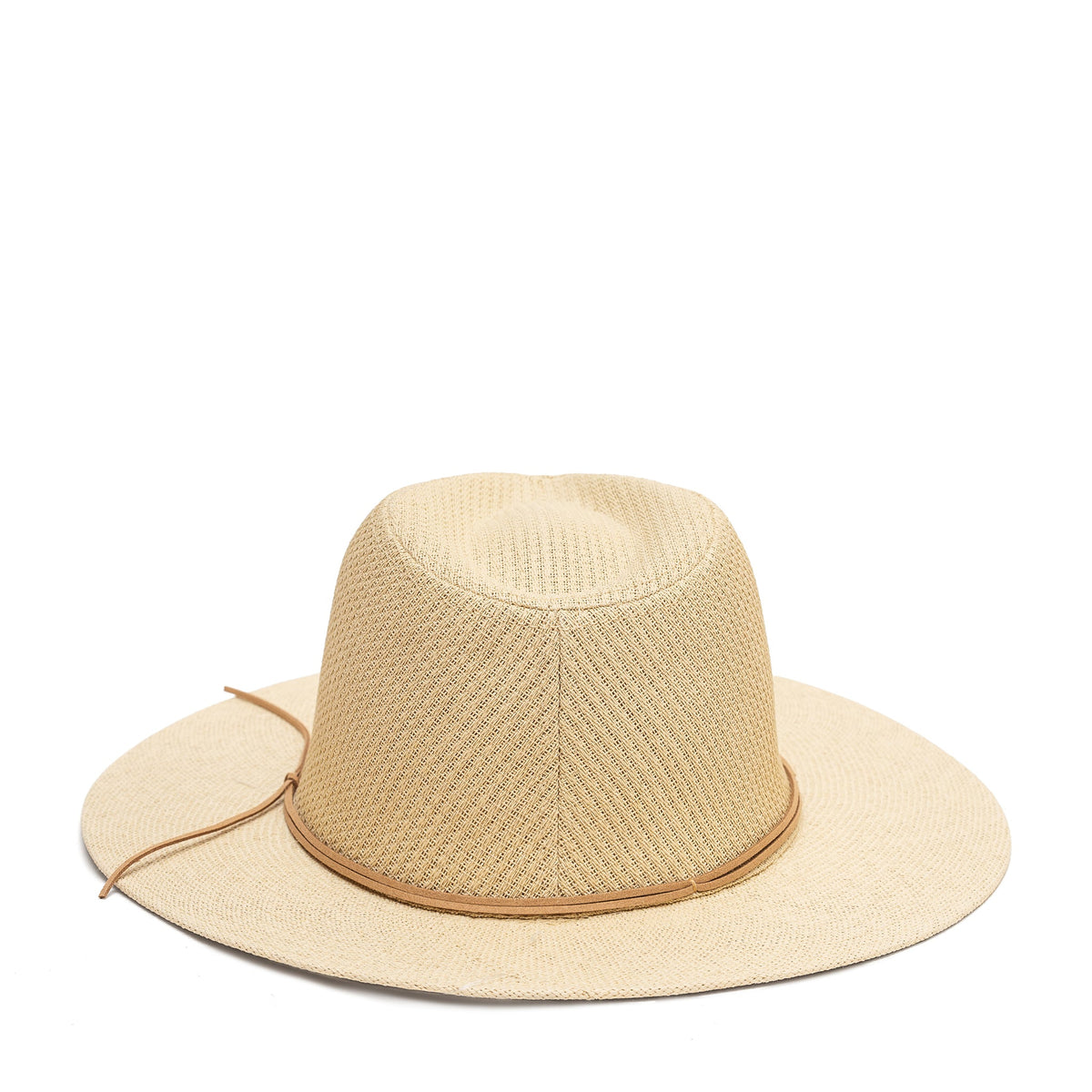 Rear view of a light beige woven straw hat with wide brim and double chain trim