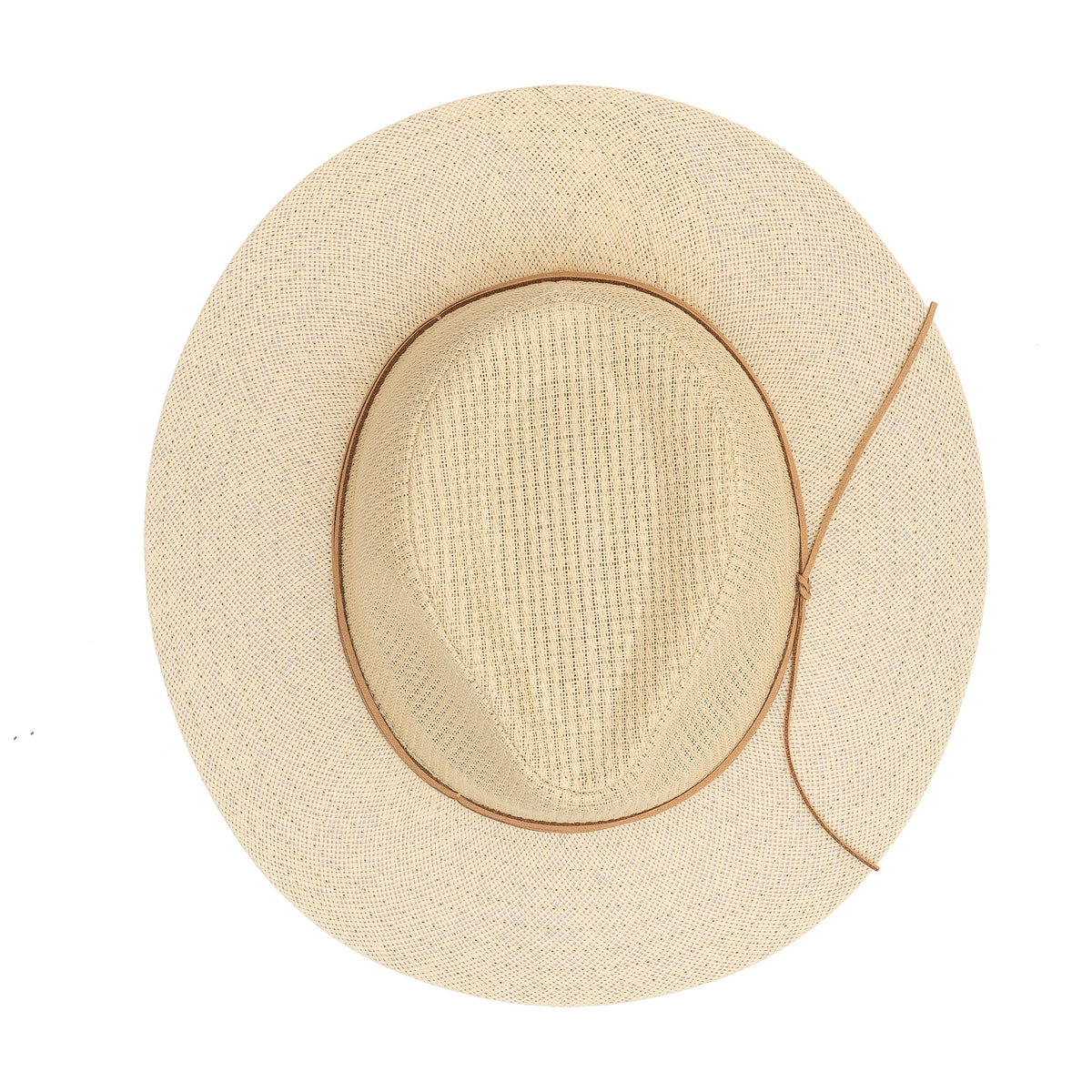 Top view of a light beige paper straw hat with wide brim and double chain trim