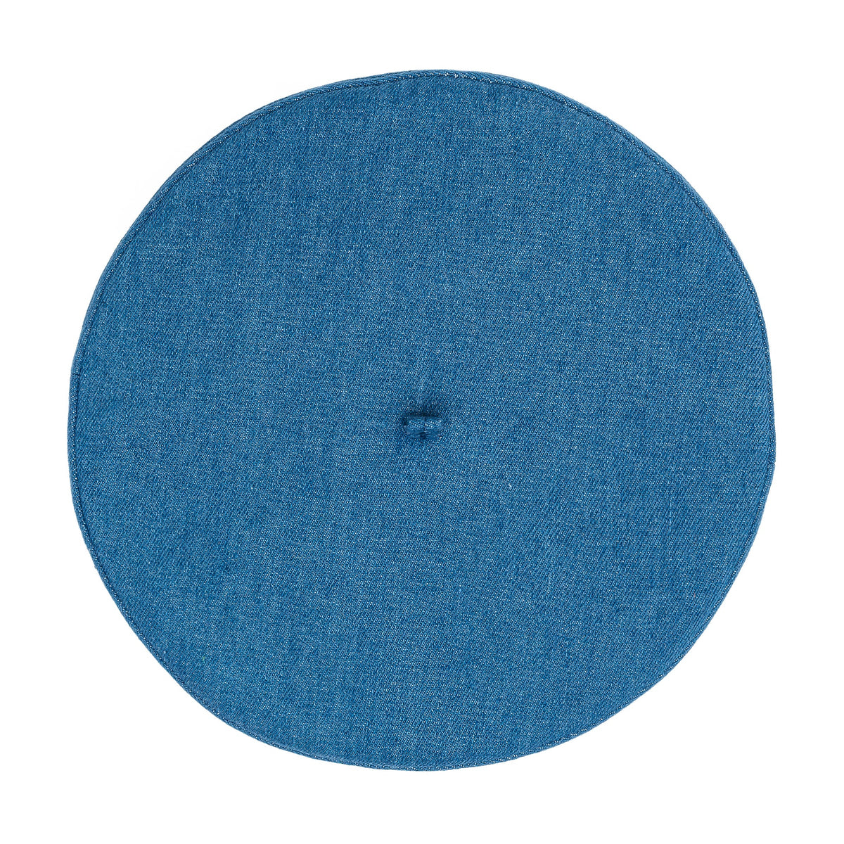 Blue Paris hat shown from above, with a round crown and small center button.