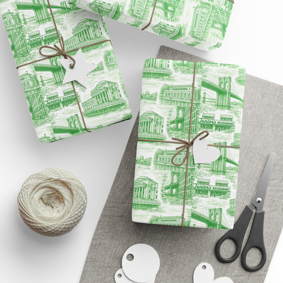 Green glossy toile gift wrap paper with city building pattern and bow tie