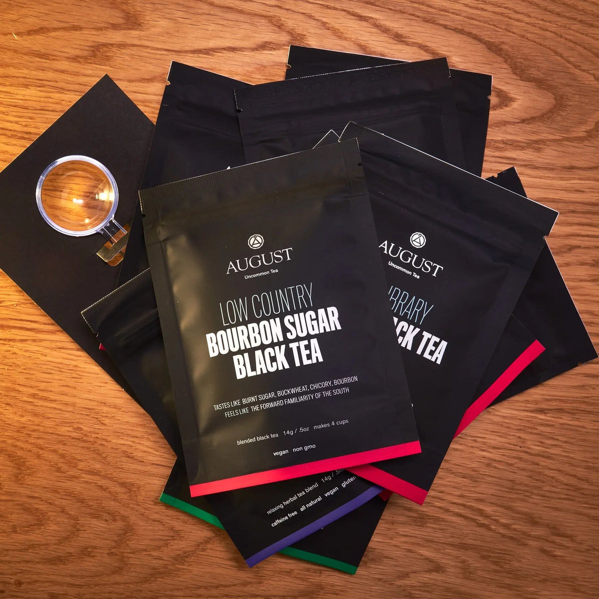 Ten August Uncommon tea sampler sachets with assorted blends and colored seals