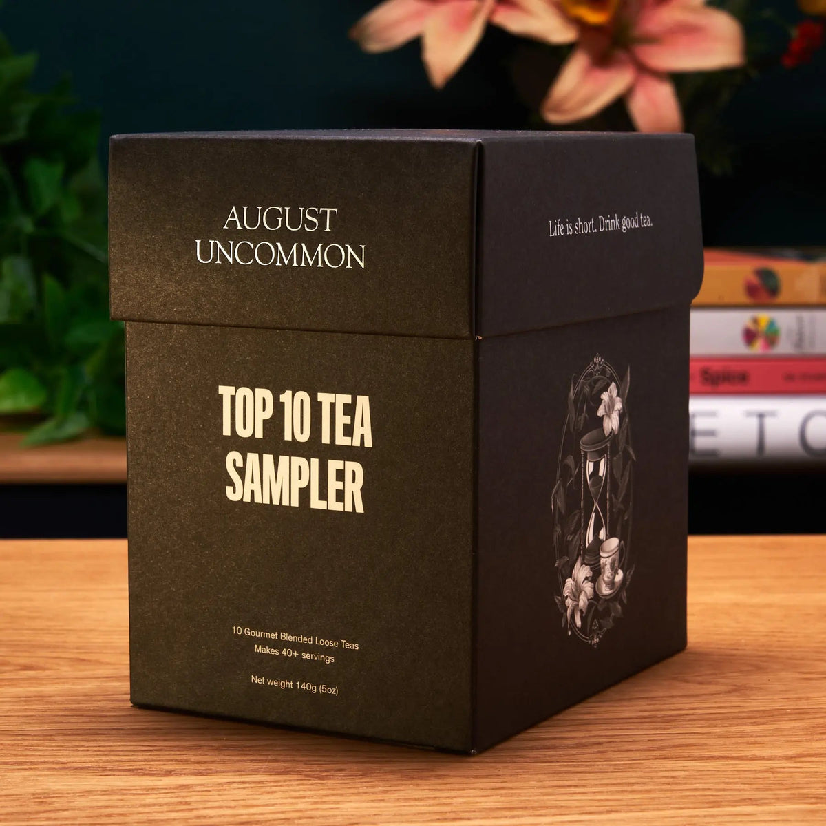 August Uncommon Top 10 tea sampler in a dark gift box