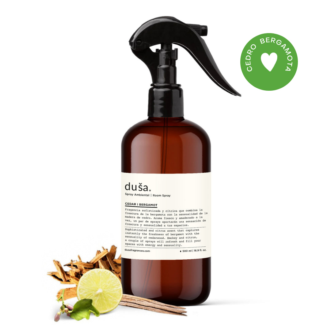 Amber room and linen spray bottle with black trigger sprayer, Dusa label