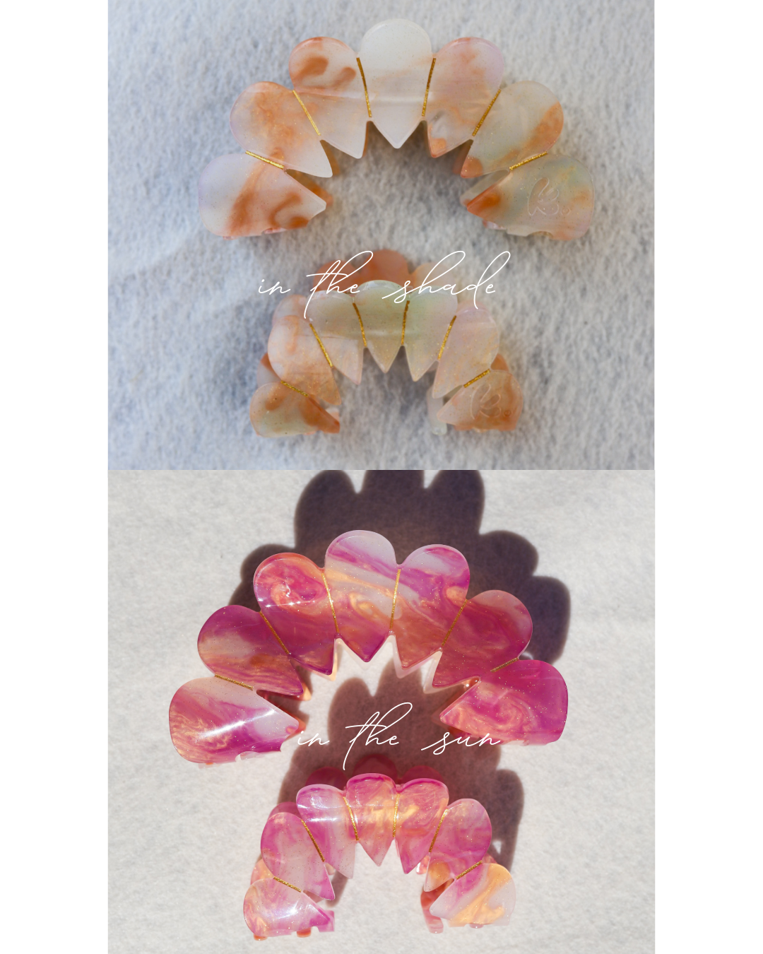 Color-changing translucent claw-shaped charms, peach and pink heart-cloud styles