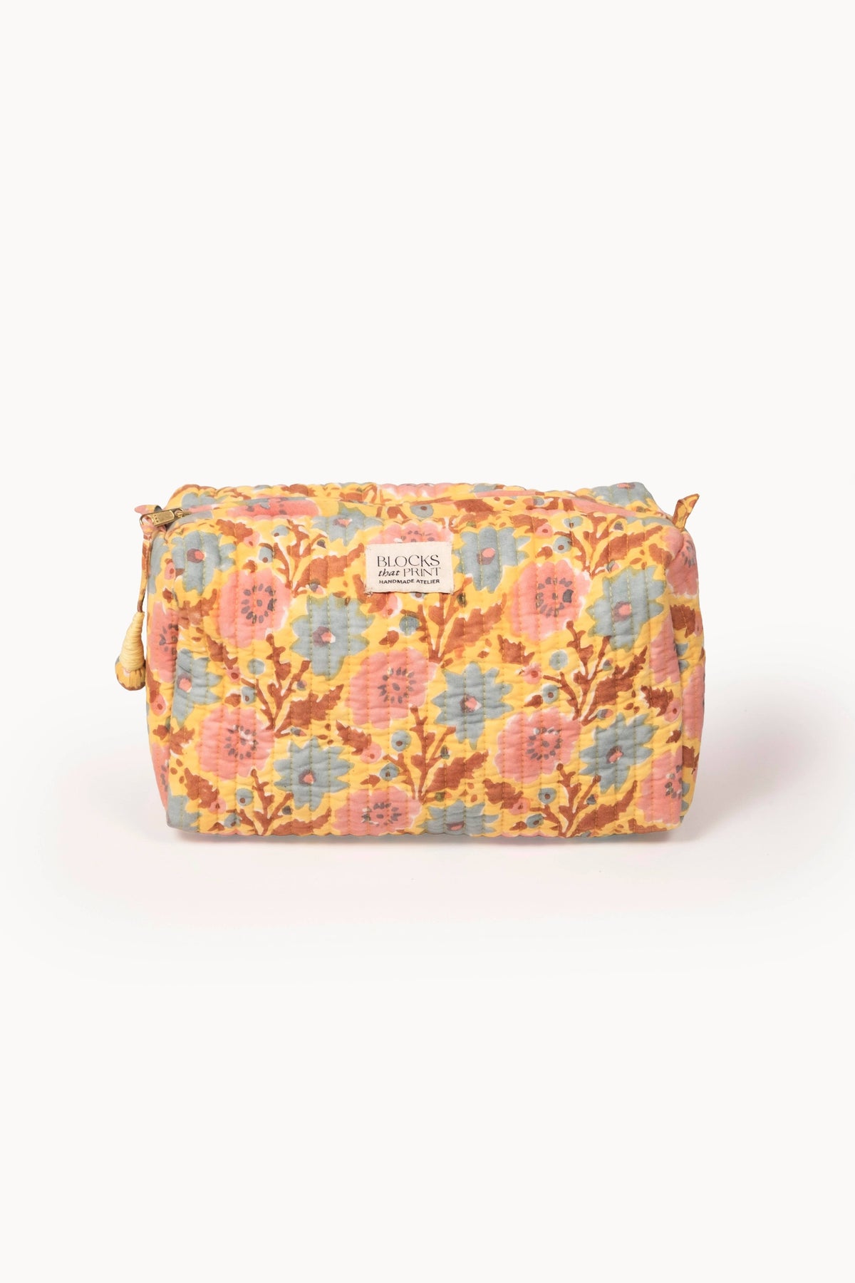 Quilted travel pouch, sunwashed floral block print with fabric handle