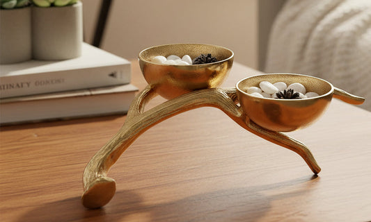 Antler double bowl stand with two gold bowls and side handles
