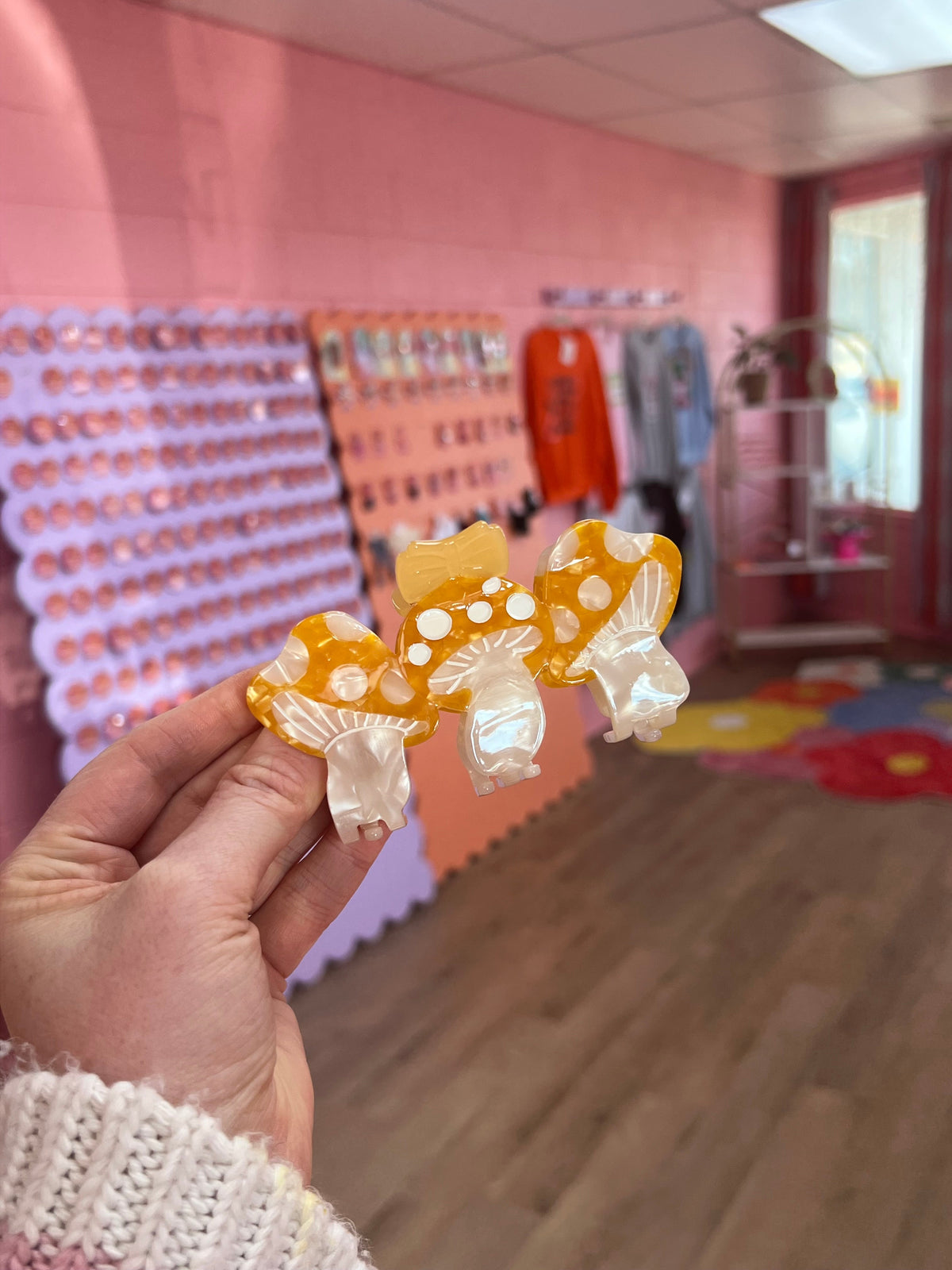 Yellow mushroom hair claws set of three with white polka-dot caps