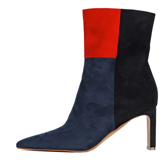 Color-block suede booties with red, navy, and black panels, high heel