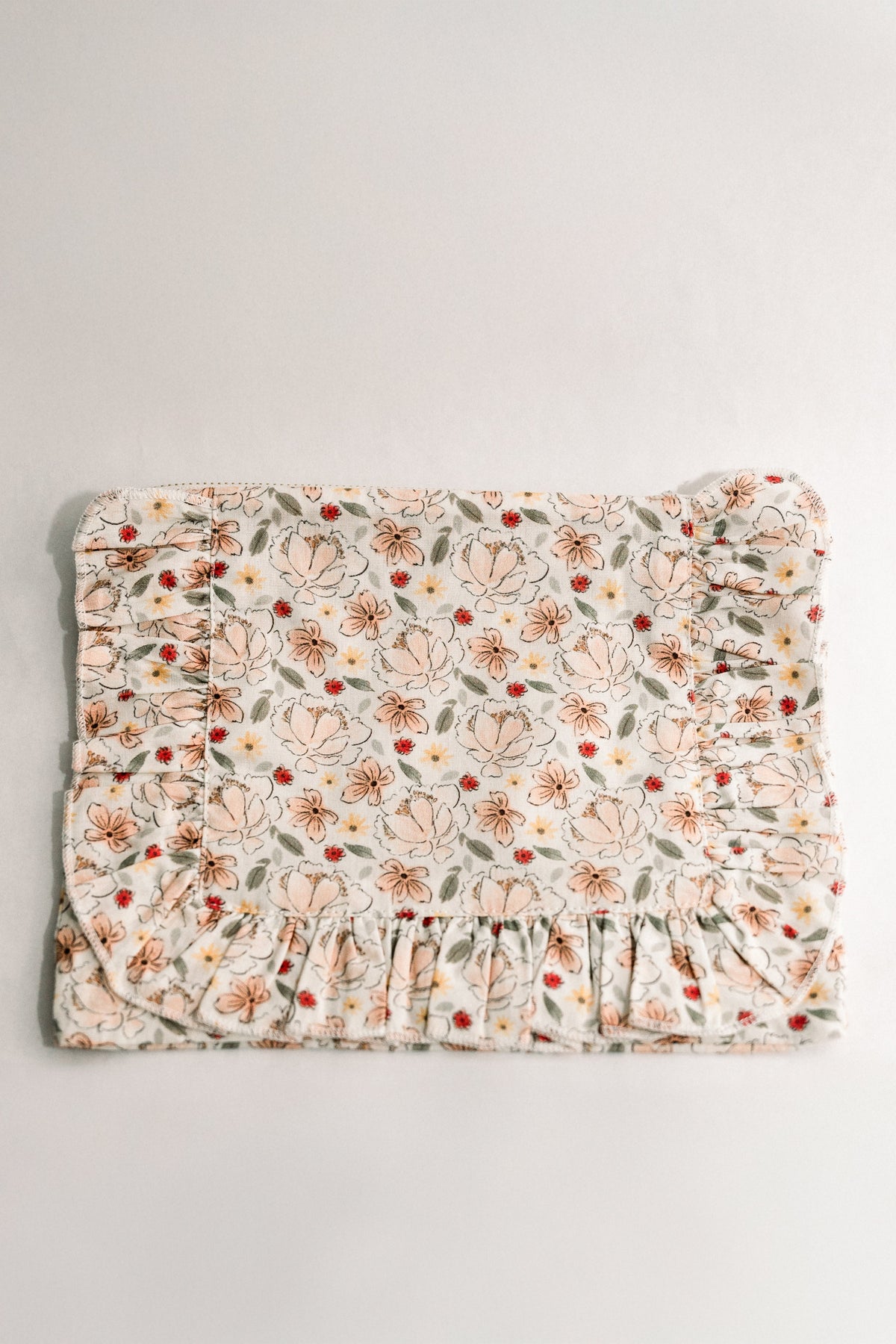 Primrose Garden floral ruffle zipper pouch, cream with Petite Bouquet print
