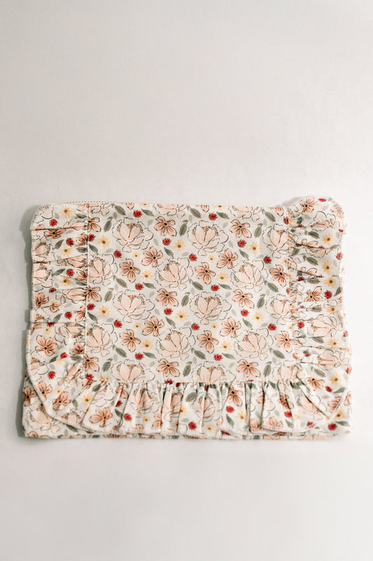 Primrose Garden floral ruffle zipper pouch, cream with Petite Bouquet print