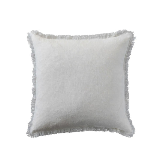 Square ivory stonewashed linen pillow with fringe trim