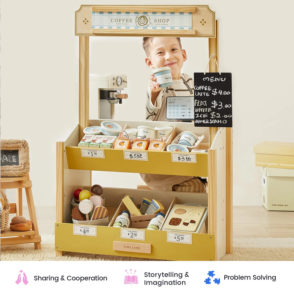 Wooden grocery store playset set up as a coffee shop, with toy goods and chalkboard menu.