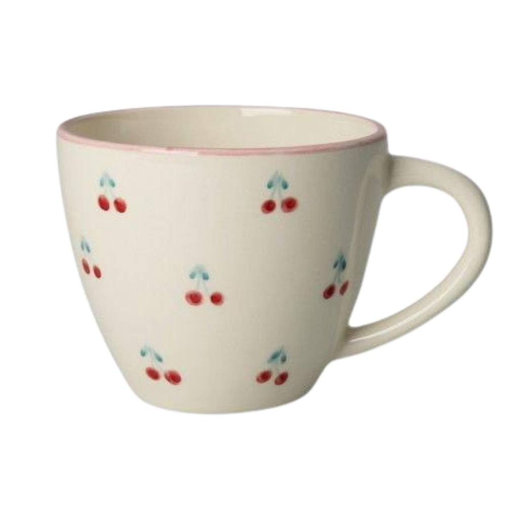 Ceramic jumbo cup with hand-painted cherries and curved white handle
