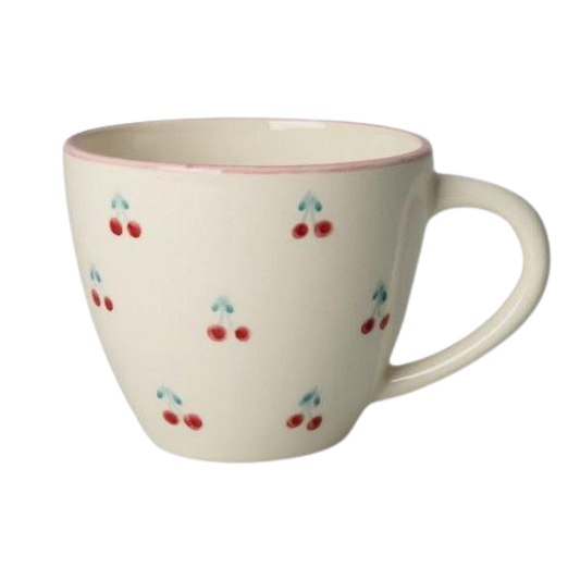 Ceramic jumbo cup with hand-painted cherries and curved white handle