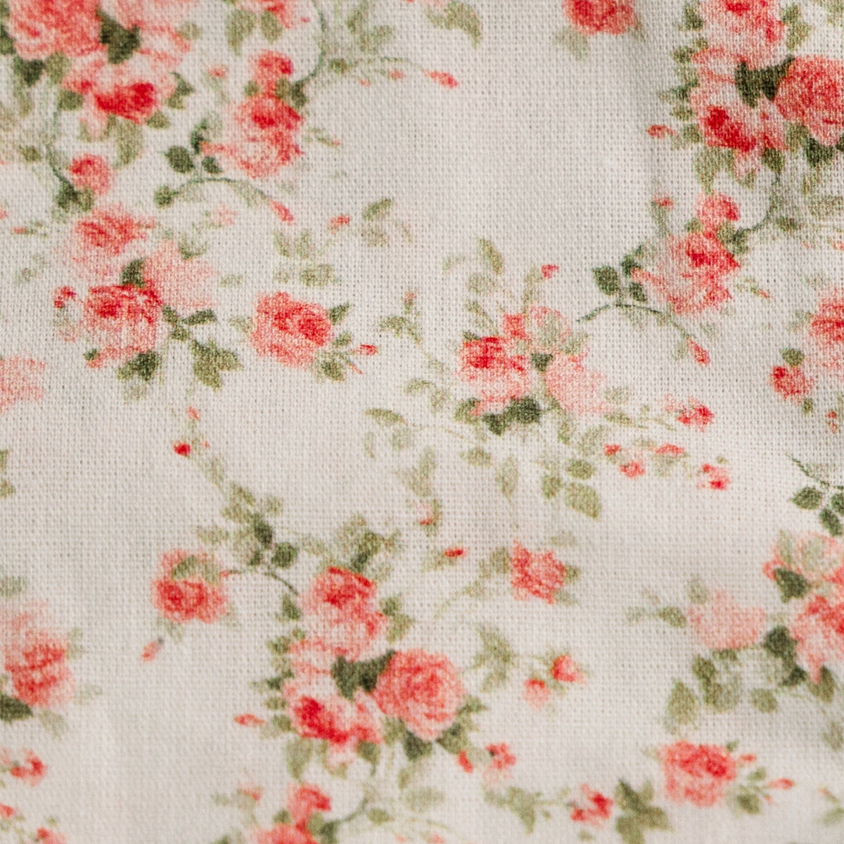 Floral fabric close-up for zipper pouch with pastel roses on light cream
