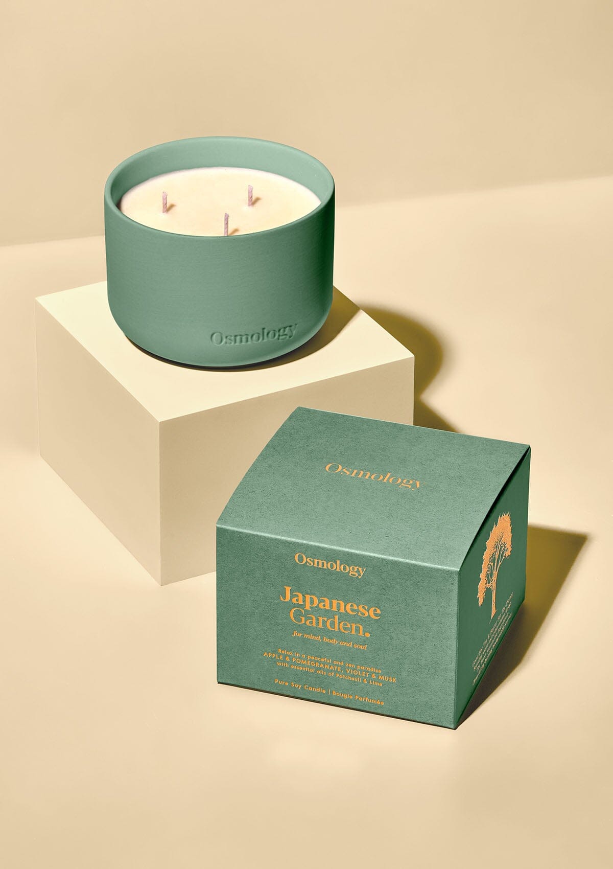 Mint green triple-wick candle in ceramic jar beside Japanese Garden scented gift box