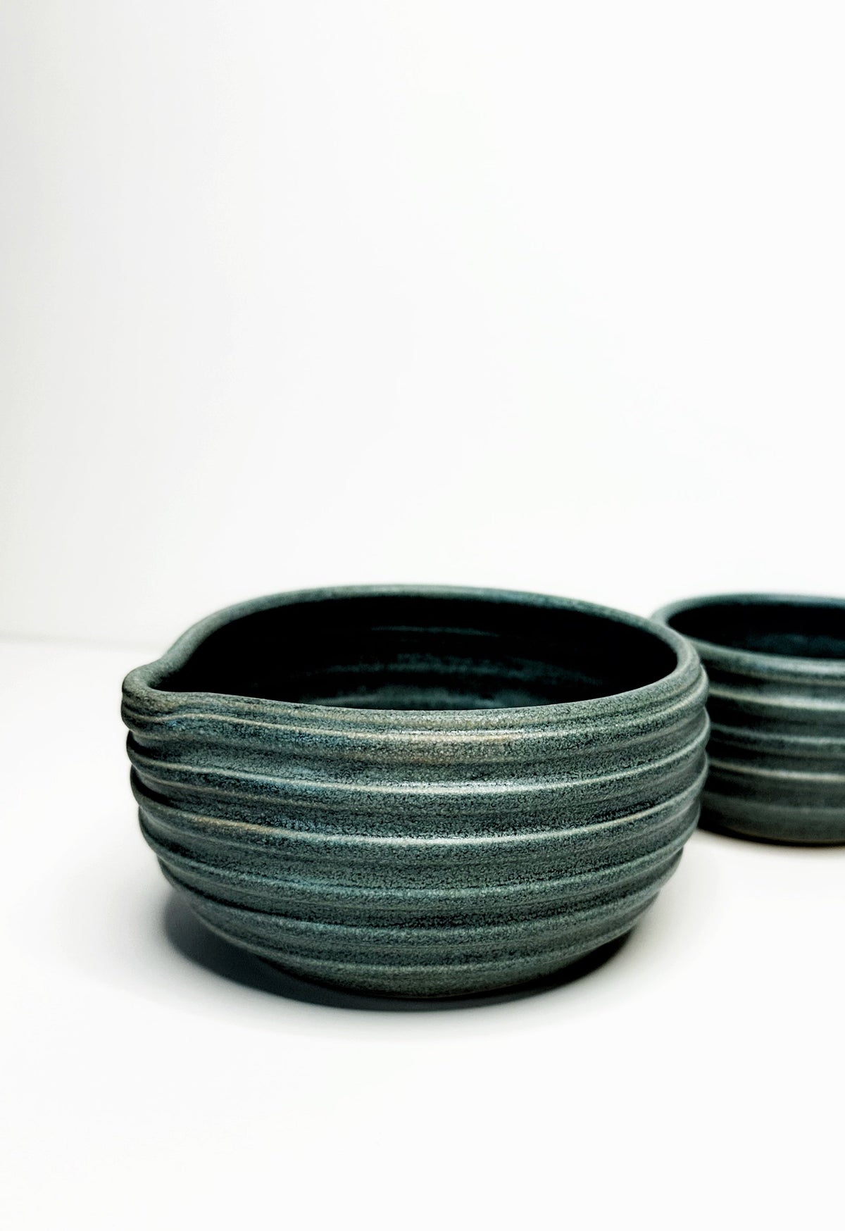 Forest green matcha bowl set, stacked bowls with textured speckled finish